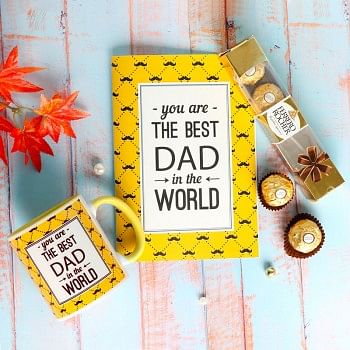 One Personalised Yellow Handle Ceramic Mug for DAD with Greeting Card and 4 pcs Ferrero Rocher Chocolate