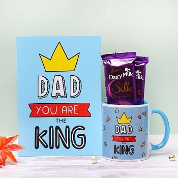 One Personalised Blue Handle Ceramic Mug for Dad with Greeting Card and 2 Dairy Milk Silk Chocolate