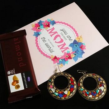Greeting Card with Designer Earrings and Chocolate for Mother