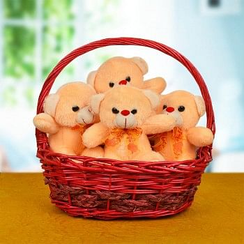4 Teddy Bears In A Basket