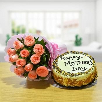 12 Pink Roses Bouquet with Half Kg Butterscotch Cake for Mothers Day