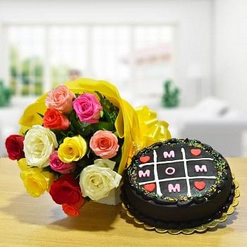 12 Mixed Roses with Half Kg Chocolate Cake for Mother
