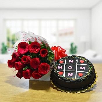 12 Red Roses Bunch with Half Kg Chocolate Cake for Mom