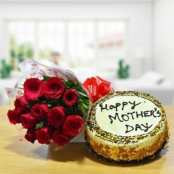 12 Red Roses Bunch with Half Kg Butterscotch Cake for Mothers Day