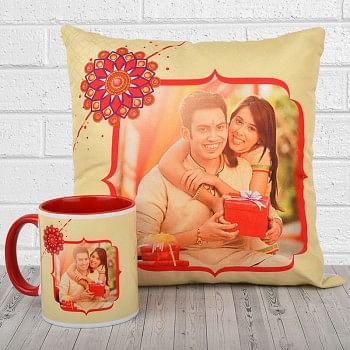 Raksha Bandhan Combo of Personalised Cushion and Coffee Mug