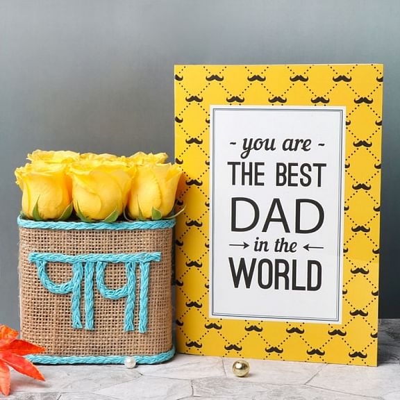 One Glass Vase Arrangement of 9 Yellow Roses with Glass Vase Wrapped with jute and "Papa" wriitten on it 