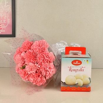 10 Pink Carnations Bouquet with 1 Kg Haldiram Rasgulla