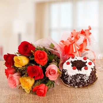 10 Mix Roses with Half Kg Black Forest Cake