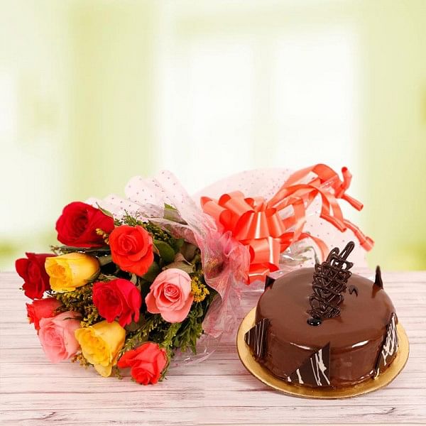 10 Mix Roses with Half Kg Chocolate Cake