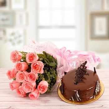 10 Pink Roses and Half Kg Chocolate Truffle Cake