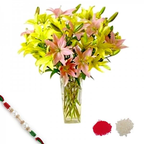 Rakhi with Yellow and Pink Lilies