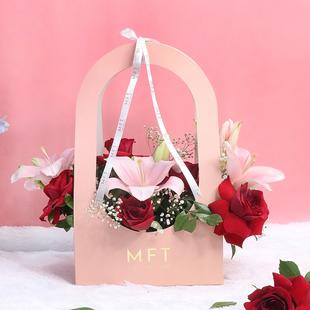 Pink Lilies and Red Roses in Pink Handbag