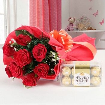 8 Red Roses with 16 pcs Ferrero Rocher Chocolates 
