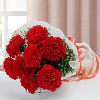 8 Red Carnations in Paper Packing