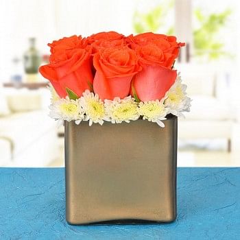 9 Orange Roses In A Special Golden Vase