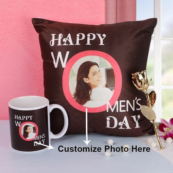 Womens Day Hamper of Personalised Mug and Cushion with Gold Rose