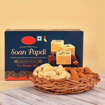  Soan Papdi (250 gms) and A Cane Basket containing Almonds (100 gms) and Cashew Nuts (100 gms)
