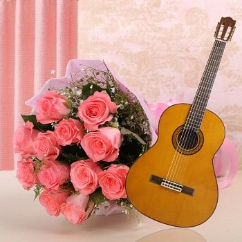 12 pink roses in paper packing with Live song by guitarist