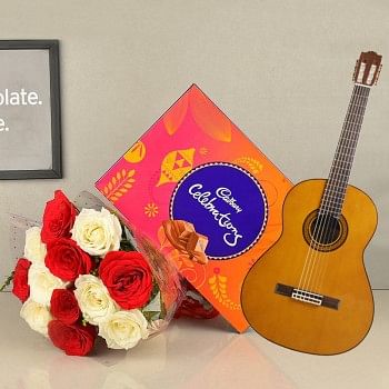 12 red and white roses with 1 Cadbury celebration pack (125.2 gm) and Live song by guitarist