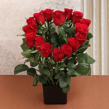 Heart-shaped Bouquet of 16 Red Roses in Black Vase
