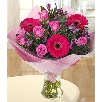 3 Pink Gerberas and 7 Pink Roses wrapped in special Paper 