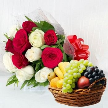 12 Roses (Red and White) in Cellophane Packing with 2 Kg Seasonal Fruits in Basket 