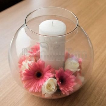  Glass Bowl with 4 Pink Gerberas and 5 White Roses and a White Pillar Candle 