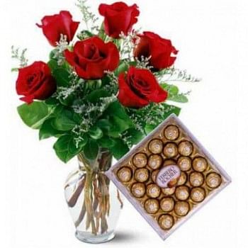  6 Red Roses with A box of 24 pcs of Ferrero Rocher Chocolates