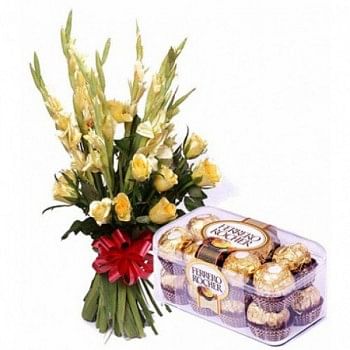 10 Yellow Glads with a box of 16 pcs of Ferrero Rocher Chocolates