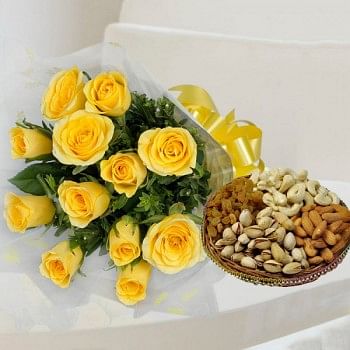 12 Yellow Roses in Cellophane Packing with Assorted Dry Fruits (250gms)