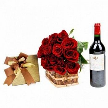 15 Red Roses with A Bottle of Wine and A box of 16 pcs of Ferrero Rocher Chocolates