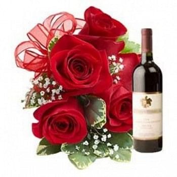 6 Red Roses Bunch with Bottle Of Red Wine