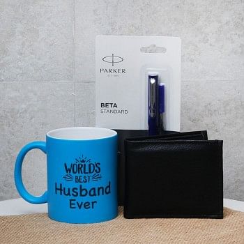 Gift Hamper of Blue Neon Mug with Parker Pen and Black Wallet for Husband