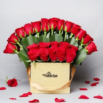 46 Red Roses Arrangement in Golden Luxury Box