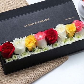8 Mixed Roses in Black Luxury Box