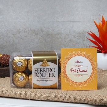 A pack of 16 pcs ferrero rocher chocolate with pack of roli chawal for bhai dooj