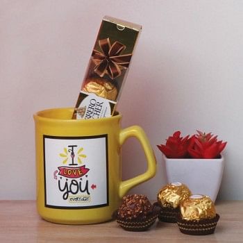 I Love You Printed Yellow Mug and One Ferrero Rocher Chocolate