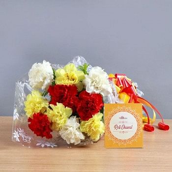 10 Mix Carnations with One Pack of Roli Chawal