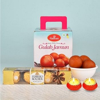 One Kg Gulab Jamun with 4 Pcs Ferrero Rocher Chocolates and Set of 2 Diya for Diwali