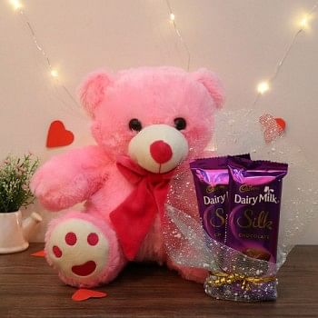 12 inches Pink Teddy Bear with 2 Dairy Milk Silk Chocolate