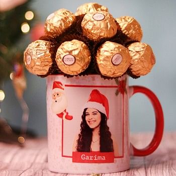 One Personalised red Handle Mug and Ferrero Rocher Chocolate Arrangement for Christmas