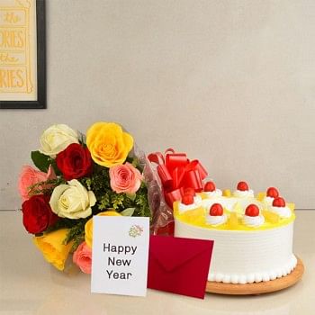 10 Mix Roses and 1/2 Kg Pineapple Cake with New Year Greeting Card (6 inches)
