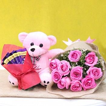 10 Pink Roses wrapped in Jute Packing with Pink Teddy Bear (6 inches) and 5 Dairy Milk Chocolate (13.2 gm)