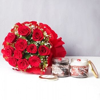 12 Red Roses in Paper Packing with One Jar of Red Velvet Cake and One Jar of Chocolate Cake