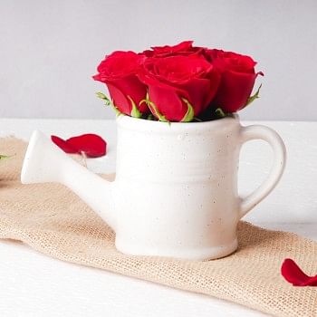 6 Red Roses arranged in Kettle Ceramic Pot