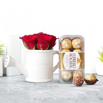 6 Red Roses arranged in Kettle Ceramic Pot with 16pcs Ferrero Rocher Chocolate