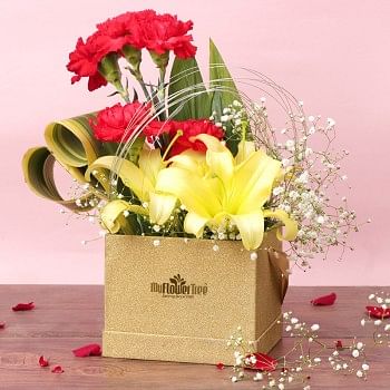 3 Yellow Asiatic Lilies,5 Red Carnations in MFT Luxury Golden Box