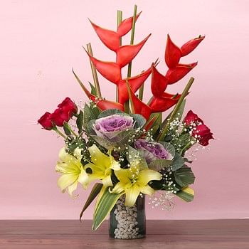 2 Red Heliconia,6 Red Roses,3 Yellow Asiatic Lilies,2 Purple Brassila Flowers Glass Vase Arrangement