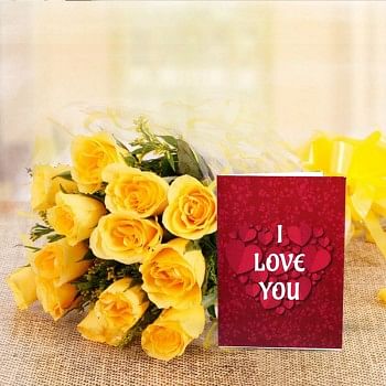 10 Yellow Roses with Valentines Day Greeting Card