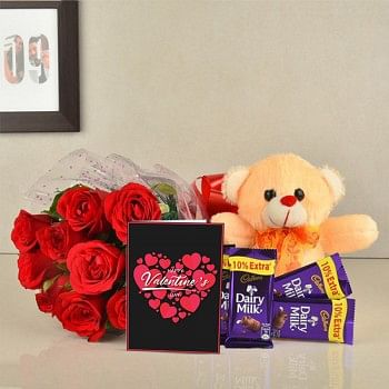 10 Red Roses with Teddy bear (6 inch) and 5 Dairy Milk (13.2 gm) and Greeting Card Valentines Day